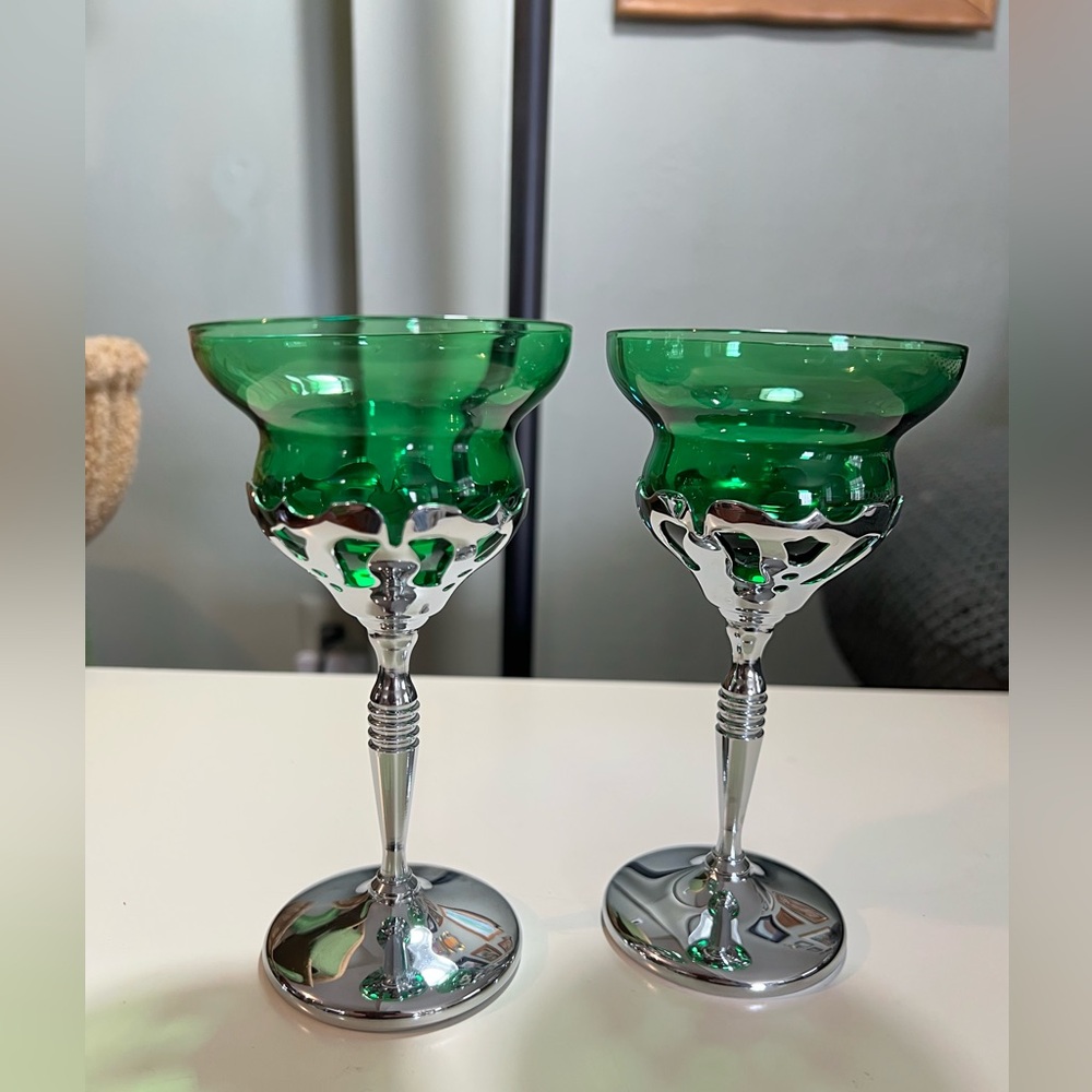 Vintage Faber brothers Art Deco glasses set of 2 green glass chrome stem.